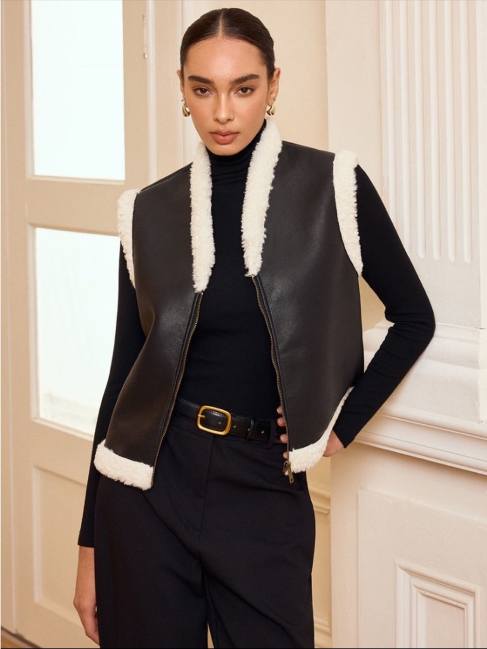 REVOLVE Black Faux Leather Vest with White Shearling Trim
